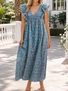Saylor NYC Anthropologie Floral Printed Maxi Dress Flutter Sleeve Lace S 282108
